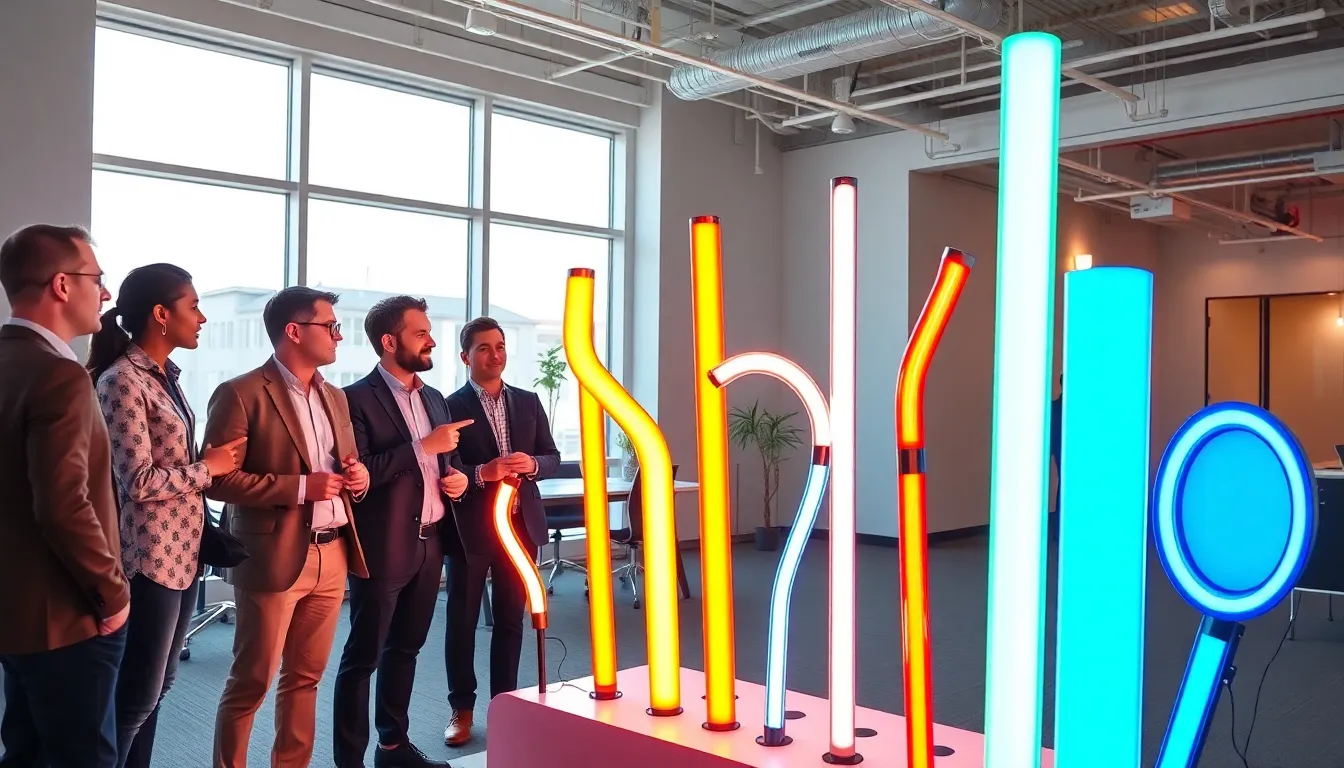 professionals discussing innovative Neon2520 lighting technology.